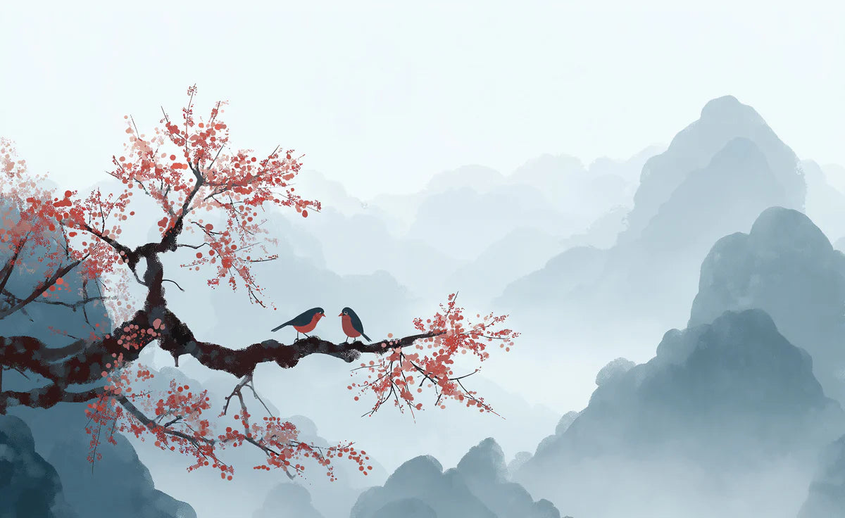 Cherry Blossom Mountain Mural Wallpaper — Ink Wash Style Landscape Mural Wallpaper - room preview 04