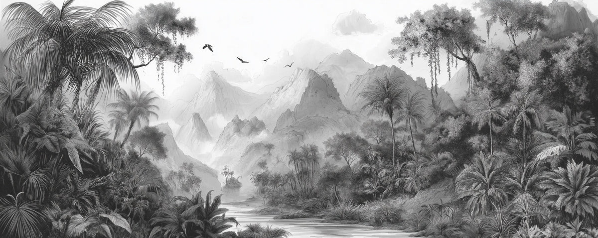 Monochrome Jungle Landscape Mural Wallpaper — Hand-Drawn Scenic Mural Wallpaper - room preview 04