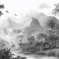 Monochrome Jungle Landscape Mural Wallpaper — Hand-Drawn Scenic Mural Wallpaper - room preview 04