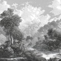 Monochrome Jungle Landscape Mural Wallpaper — Detailed Mountain View Mural Wallpaper - room preview 04