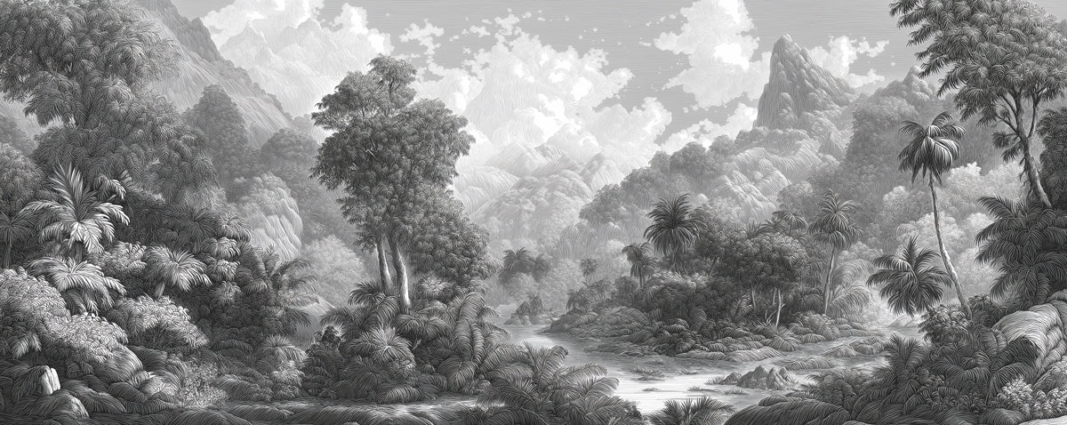 Monochrome Jungle Landscape Mural Wallpaper — Detailed Scenic Art Mural Wallpaper - room preview 04