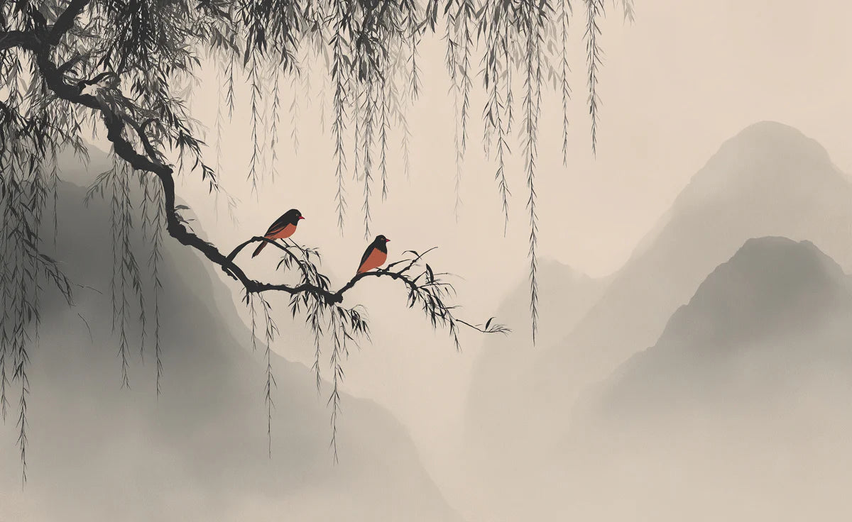 Zen Willow Tree Mural Wallpaper — Minimalist Bird Landscape Mural Wallpaper - room preview 04