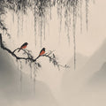 Zen Willow Tree Mural Wallpaper — Minimalist Bird Landscape Mural Wallpaper - room preview 04
