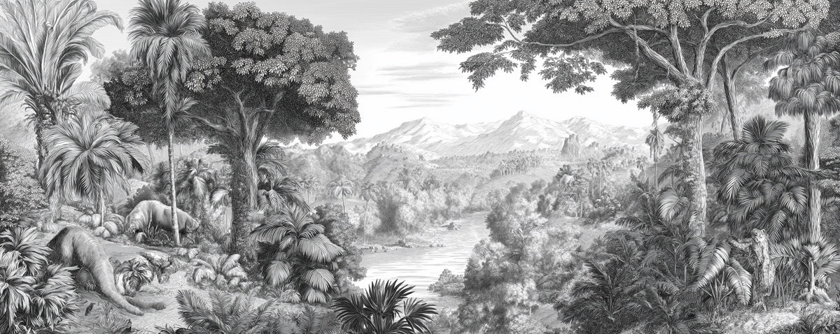 Monochrome Jungle Landscape Mural Wallpaper with Elephants Mural Wallpaper - room preview 04
