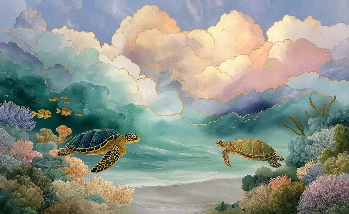 Ethereal Sea Turtle and Cloudscape Mural Wallpaper - room preview 04