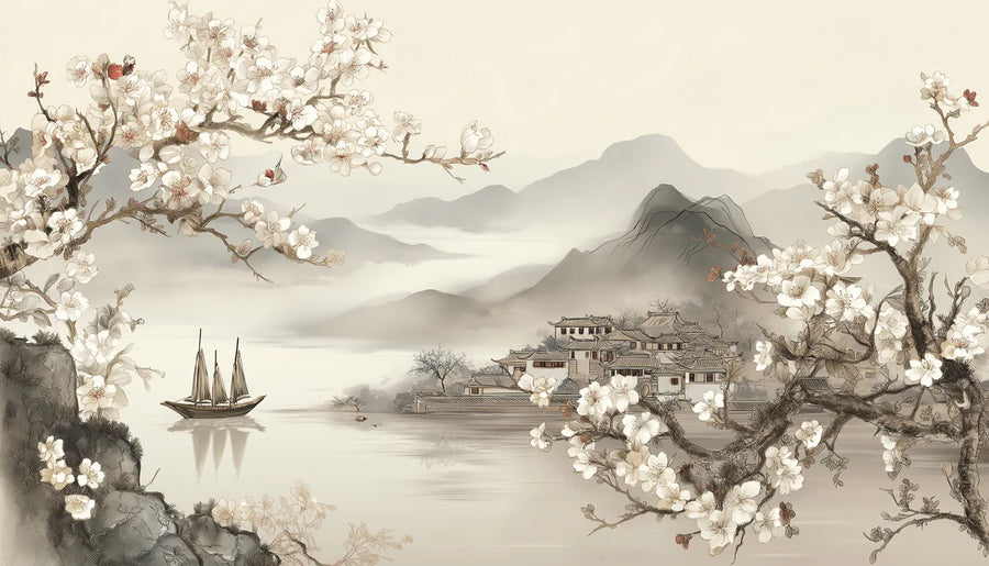 Landscape Wallpaper Mural – Scenery Wall Mural – Oriental Plum Blossom Landscape — Ink Wash Style printable artwork