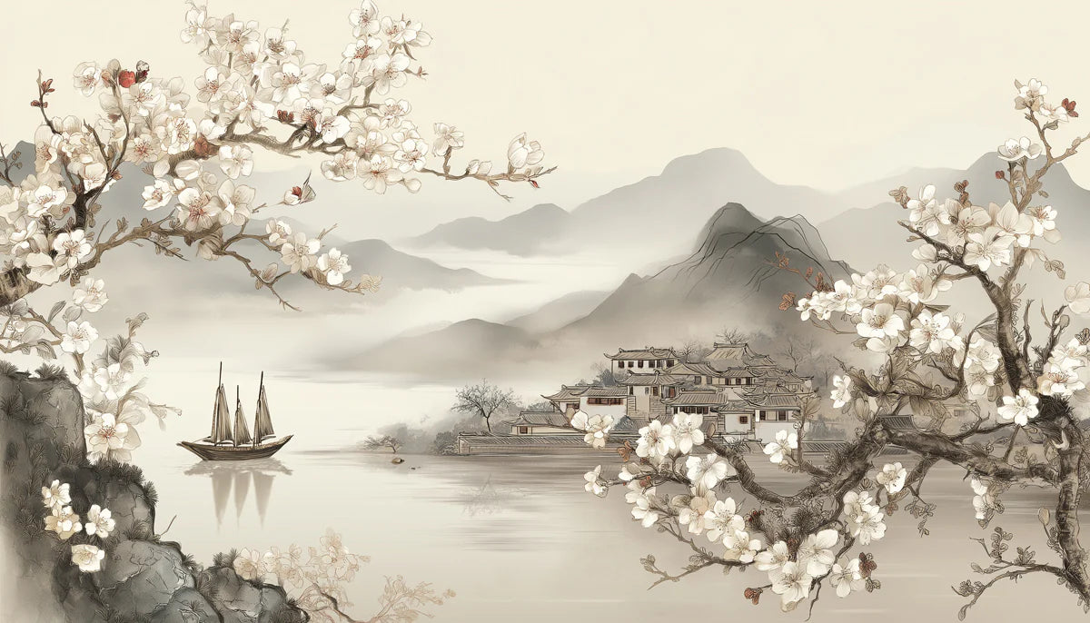 Oriental Plum Blossom Landscape Mural Wallpaper — Ink Wash Style Mural Wallpaper - room preview 04