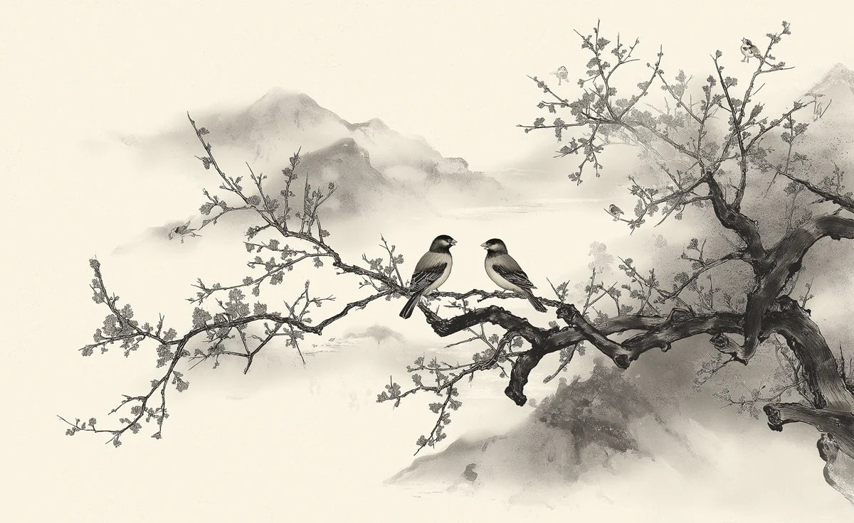 Zen Plum Blossom Mural Wallpaper — Traditional Ink Wash Mountain Art Mural Wallpaper - room preview 04