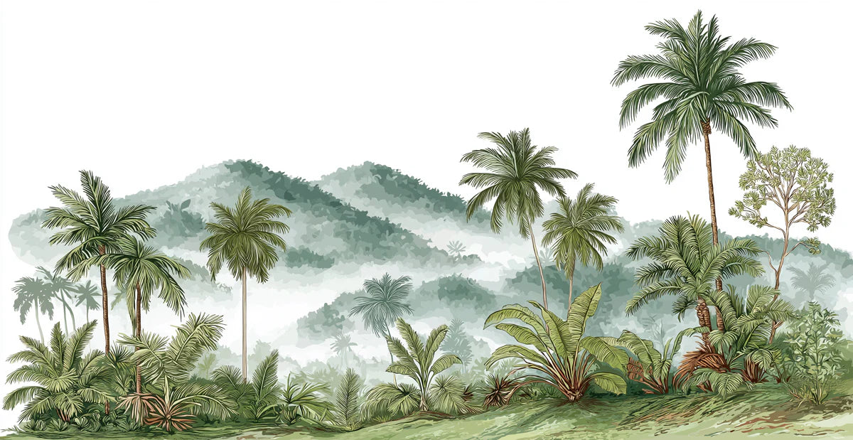 Misty Tropical Mountain Mural Wallpaper — Painterly Palm Design Mural Wallpaper - room preview 04