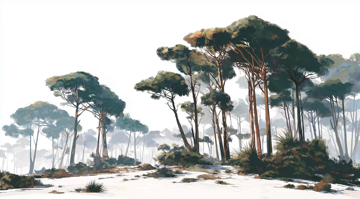 Painterly Pine Forest Mural Wallpaper — Impressionistic Winter Landscape Mural Wallpaper - room preview 04