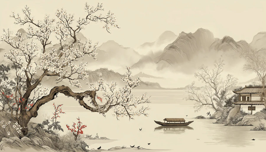 Papier peint mural Arbre de fleurs oriental — Papier peint mural traditionnel Paysage à l'encre de Chine printable artwork