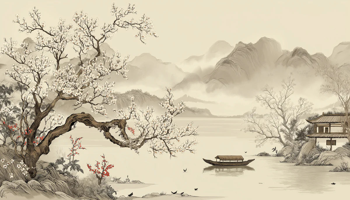Oriental Blossom Tree Mural Wallpaper — Traditional Ink Landscape Mural Wallpaper - room preview 04