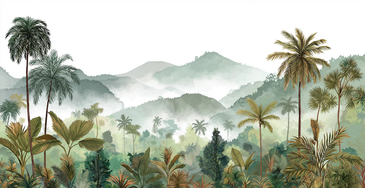 Misty Tropical Mountain Mural Wallpaper — Watercolor Landscape Mural Wallpaper - room preview 04