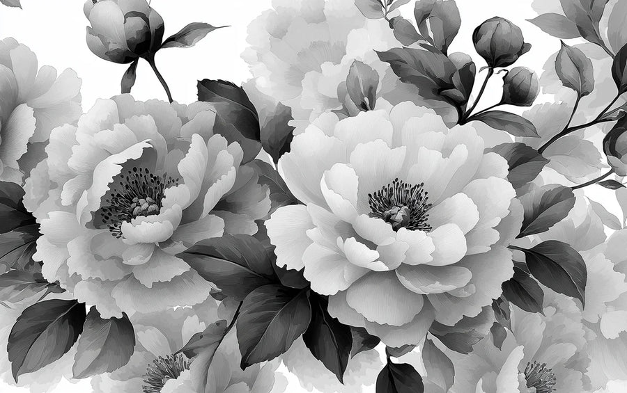 Floral Wallpaper Mural – Flower Wallpaper – Monochrome Peony Bloom — Artistic Floral Detail printable artwork