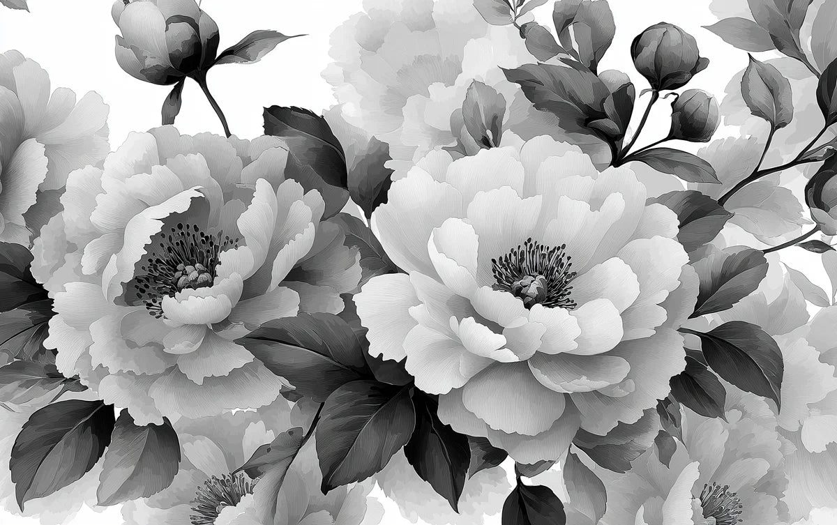 Monochrome Peony Bloom Mural Wallpaper — Artistic Floral Detail Mural Wallpaper - room preview 04