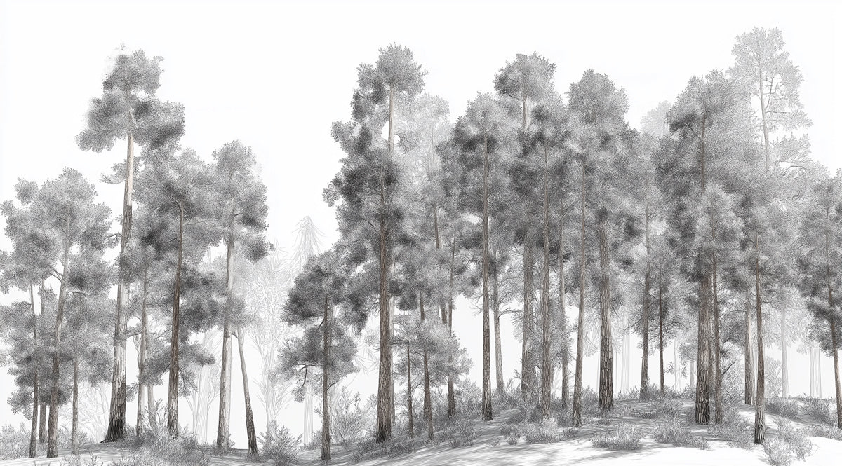 Sketch Forest Mural Wallpaper — Monochrome Woodland Landscape Mural Wallpaper - room preview 04