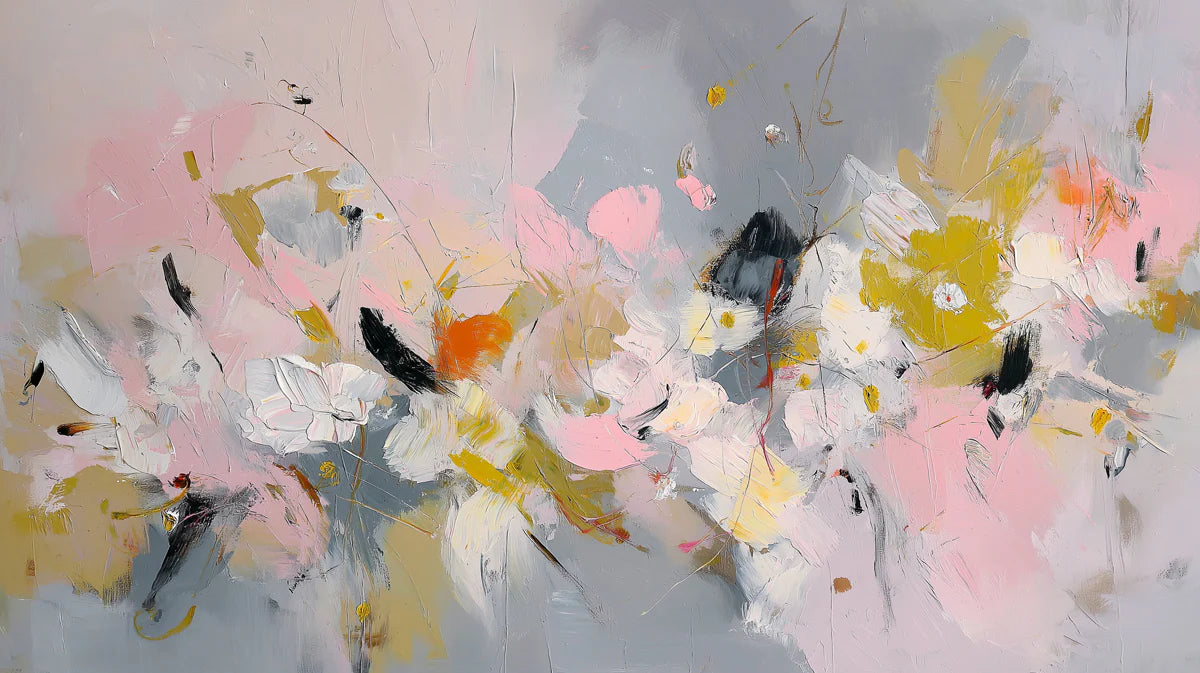 Abstract Expressive Floral Mural Wallpaper — Painterly Pink and Ochre Mural Wallpaper - room preview 04