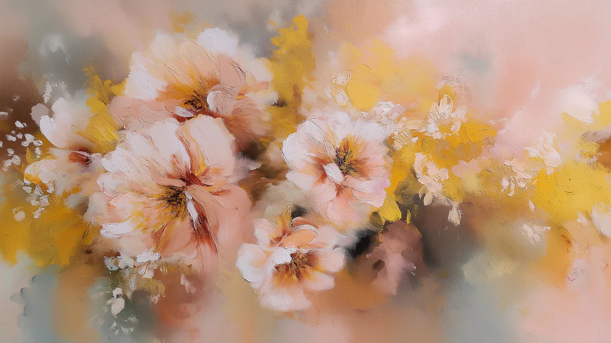 Impressionist Floral Mural Wallpaper — Soft Peach and Golden Hues Mural Wallpaper - room preview 04