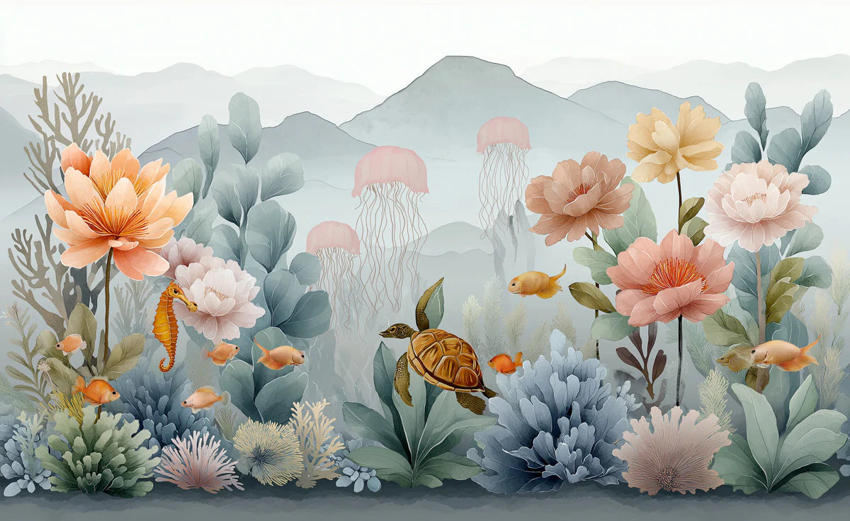Underwater Garden Mural Wallpaper — Sea Turtle and Floral Scene Mural Wallpaper - room preview 04