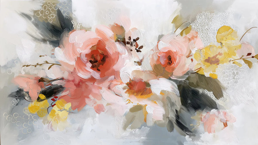 Floral Wallpaper Mural – Flower Wallpaper – Impressionist Floral — Soft Peach and Ochre Bouquet printable artwork