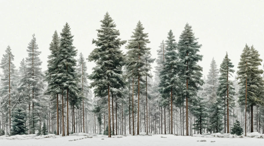 Papier peint mural Forêt de pins enneigée — Papier peint mural paysage hivernal impressionniste printable artwork