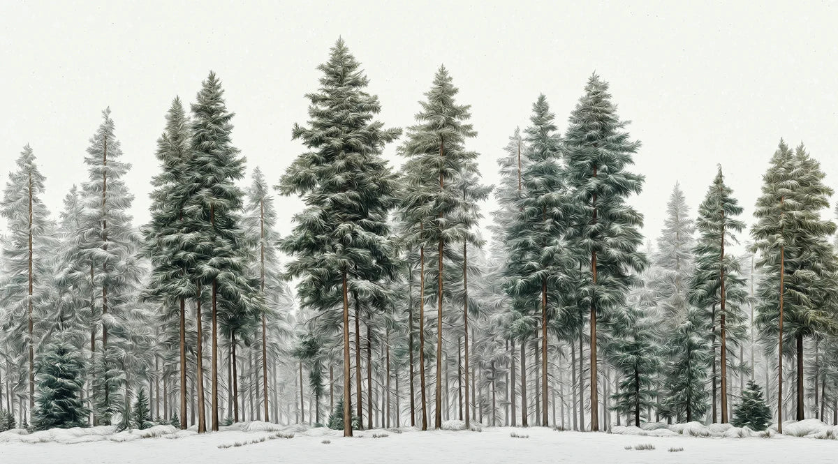 Snowy Pine Forest Mural Wallpaper — Impressionistic Winter Landscape Mural Wallpaper - room preview 04