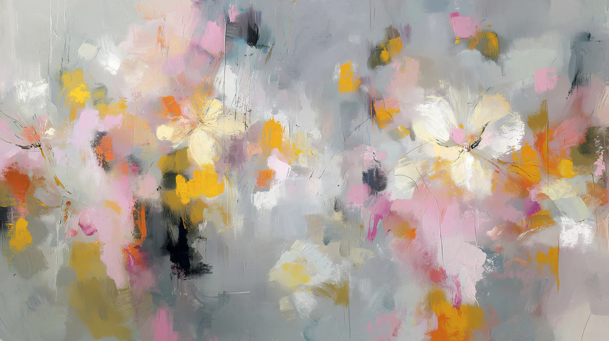 Abstract Floral Mural Wallpaper — Painterly Gray with Warm Accents Mural Wallpaper - room preview 04