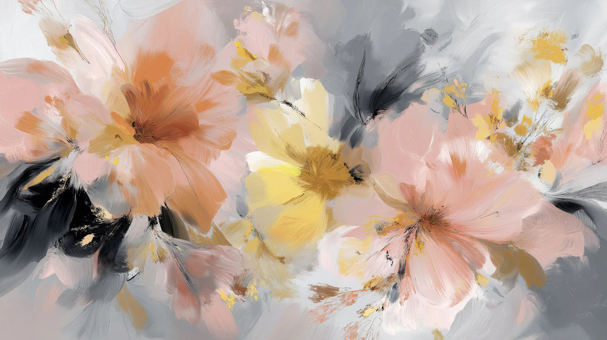 Abstract Floral Bloom Mural Wallpaper — Peach and Charcoal Gray Mural Wallpaper - room preview 04