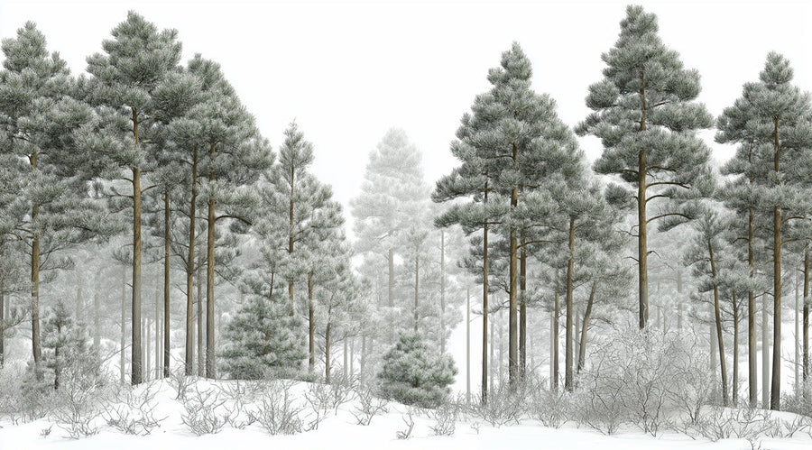 Forest Wallpaper Mural – Woodland Wall Mural – Snow-Dusted Pine Forest Winter Woodland printable artwork