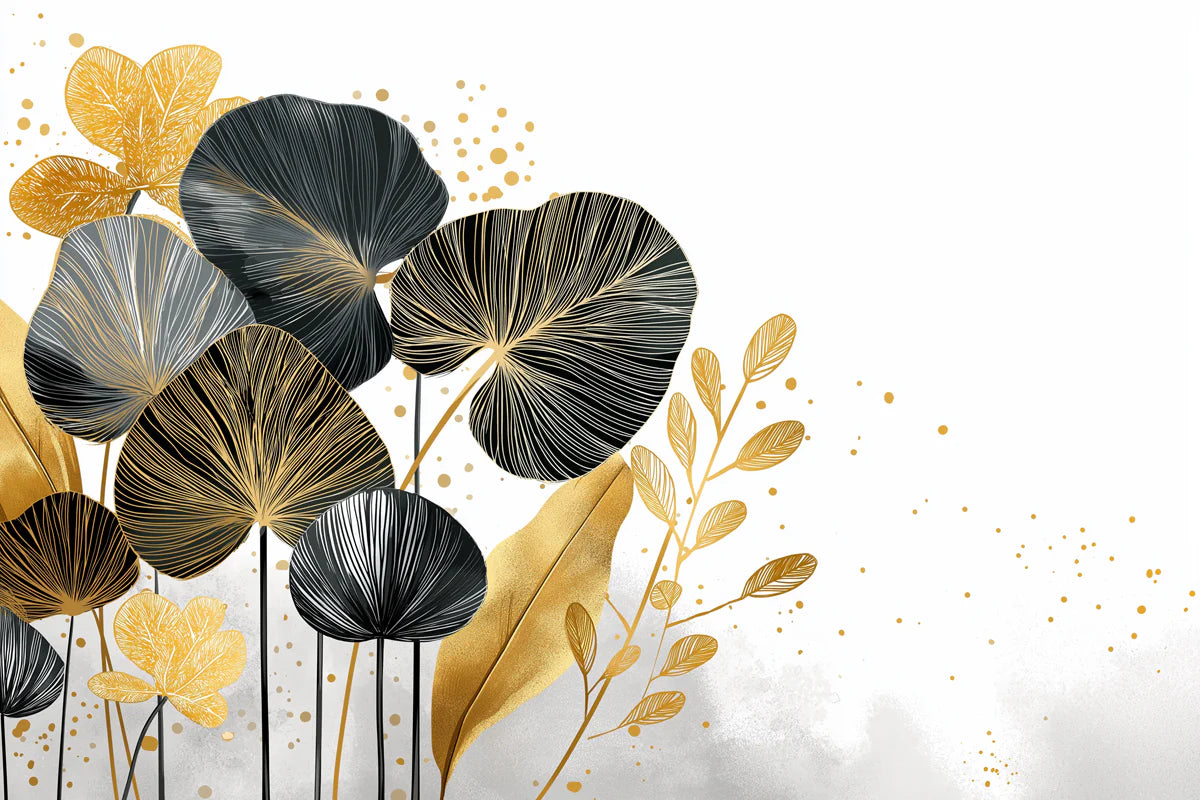 Gilded Botanical Leaf Mural Wallpaper — Modern Gold and Charcoal Mural Wallpaper - room preview 04
