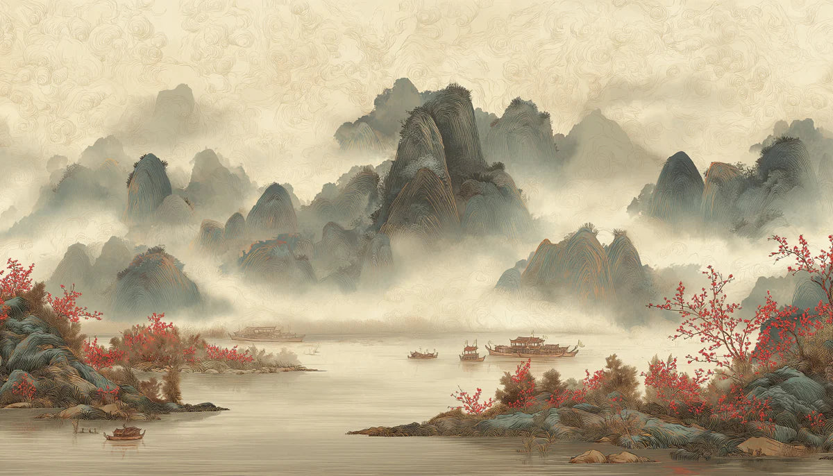 Misty River Landscape Mural Wallpaper — Traditional Ink Scenery Mural Wallpaper - room preview 04
