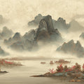 Misty River Landscape Mural Wallpaper — Traditional Ink Scenery Mural Wallpaper - room preview 04