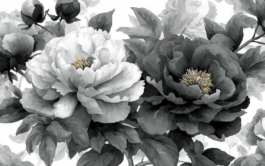 Floral Wallpaper Mural – Flower Wallpaper – Monochrome Peony Floral — Elegant Black and White printable artwork