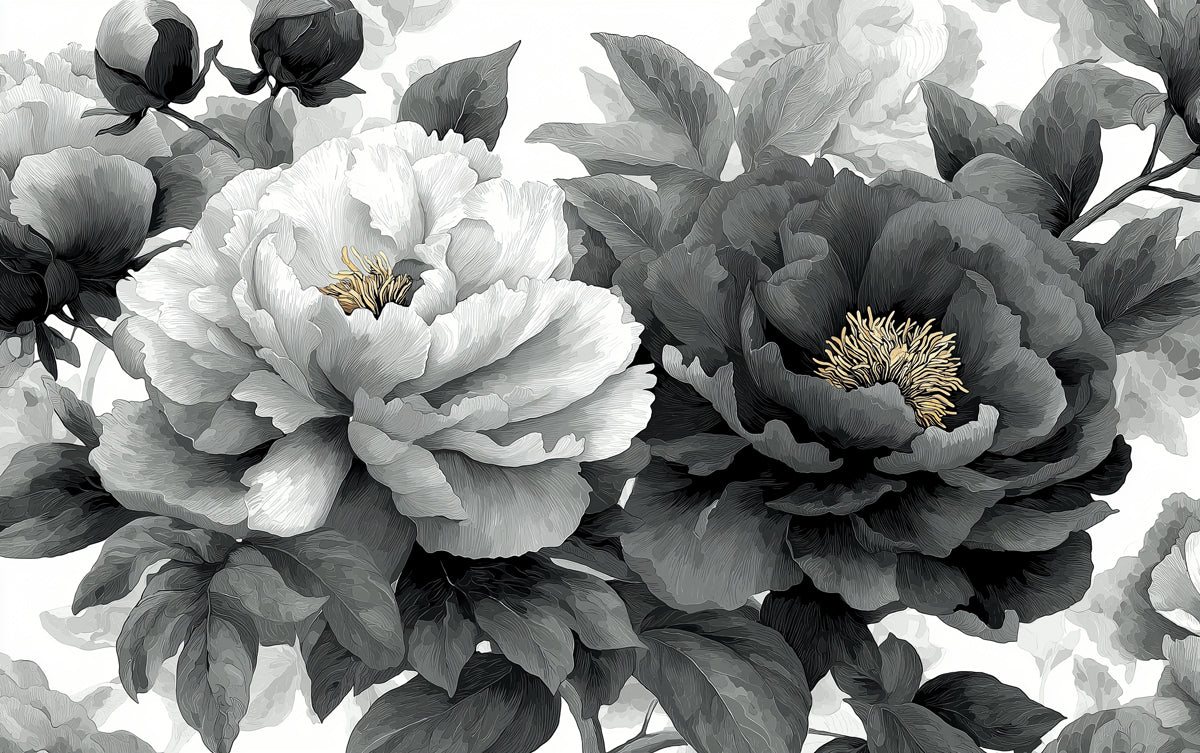 Monochrome Peony Floral Mural Wallpaper — Elegant Black and White Mural Wallpaper - room preview 04