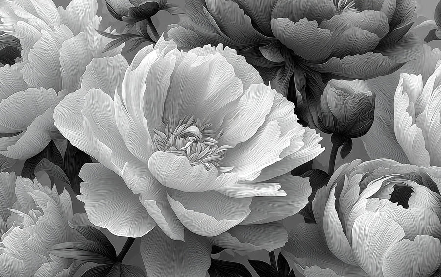 Floral Wallpaper Mural – Flower Wallpaper – Monochrome Peony Bloom — Dramatic Floral Wall Art printable artwork