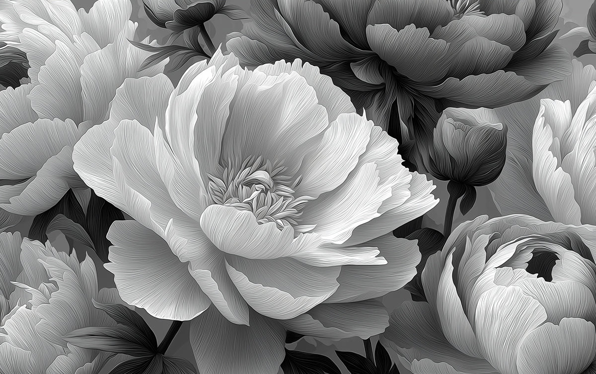 Monochrome Peony Bloom Mural Wallpaper — Dramatic Floral Wall Art Mural Wallpaper - room preview 04
