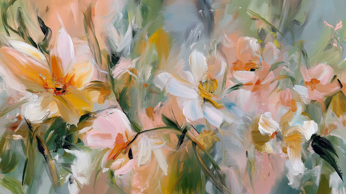 Impressionist Floral Mural Wallpaper — Soft Peachy Bloom Design Mural Wallpaper - room preview 04