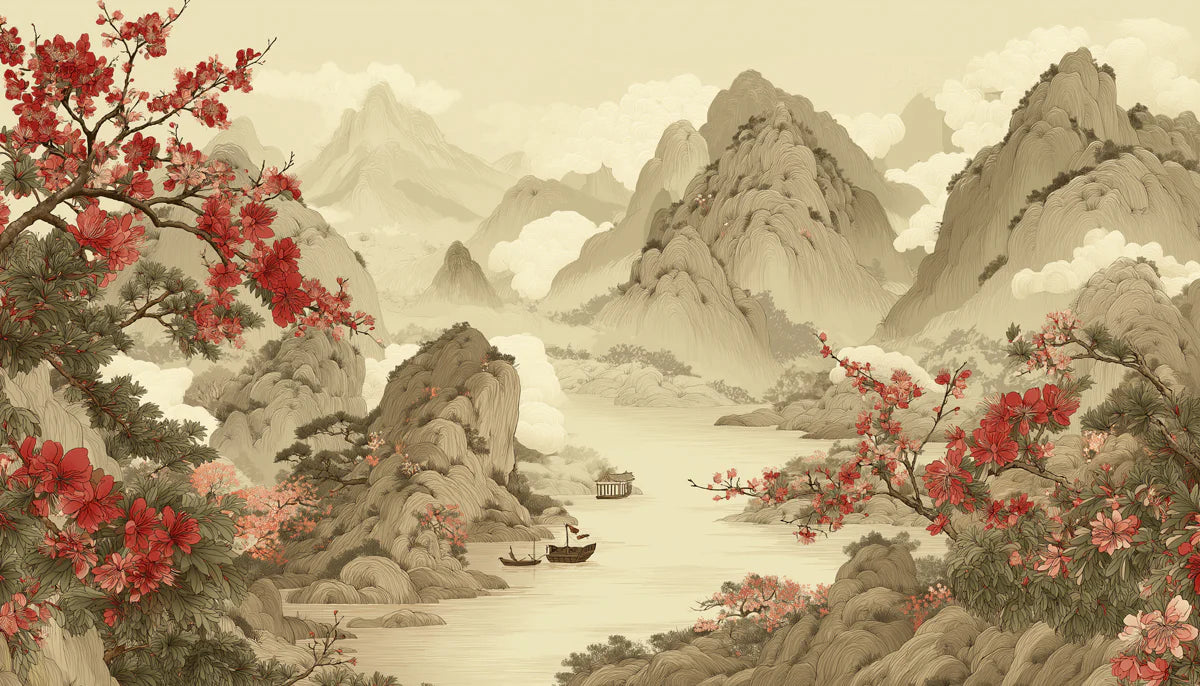 East Asian Landscape Mural Wallpaper — Red Blossom Mountain Scene Mural Wallpaper - room preview 04