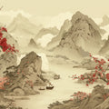 East Asian Landscape Mural Wallpaper — Red Blossom Mountain Scene Mural Wallpaper - room preview 04