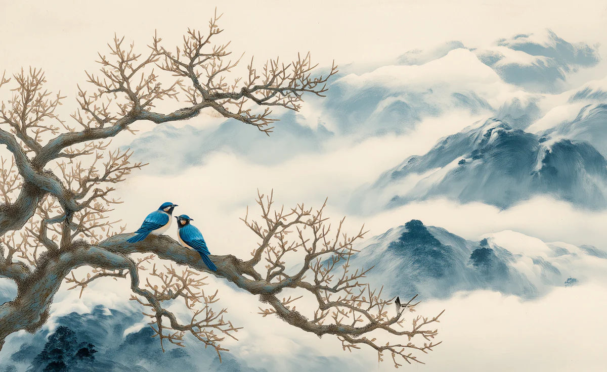 Blue Bird & Misty Mountain Ink Wash Mural Wallpaper - room preview 04
