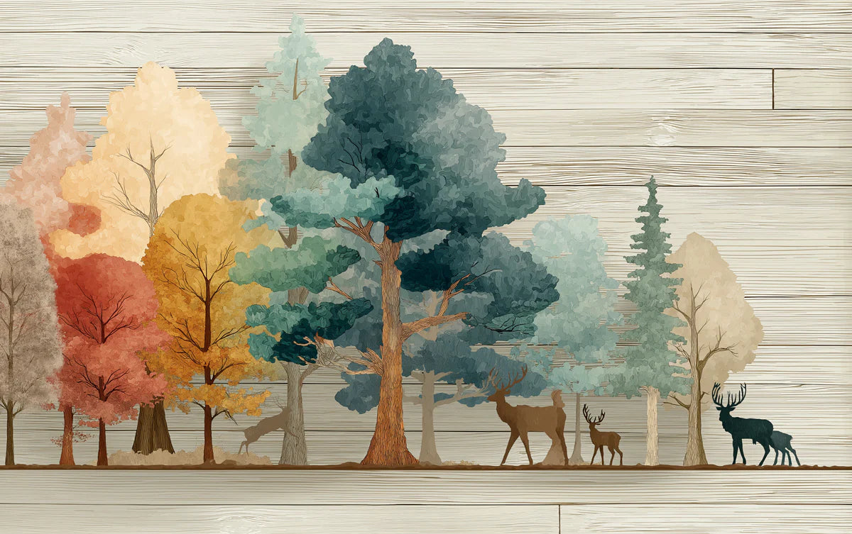 Rustic Autumn Woodland Deer Mural Wallpaper with Wood Grain Texture Mural Wallpaper - room preview 04