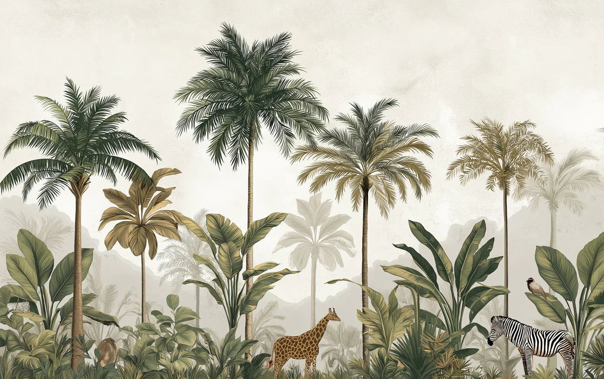 Vintage Palm & Safari Mural Wallpaper — Muted Earthy Landscape Mural Wallpaper - room preview 04
