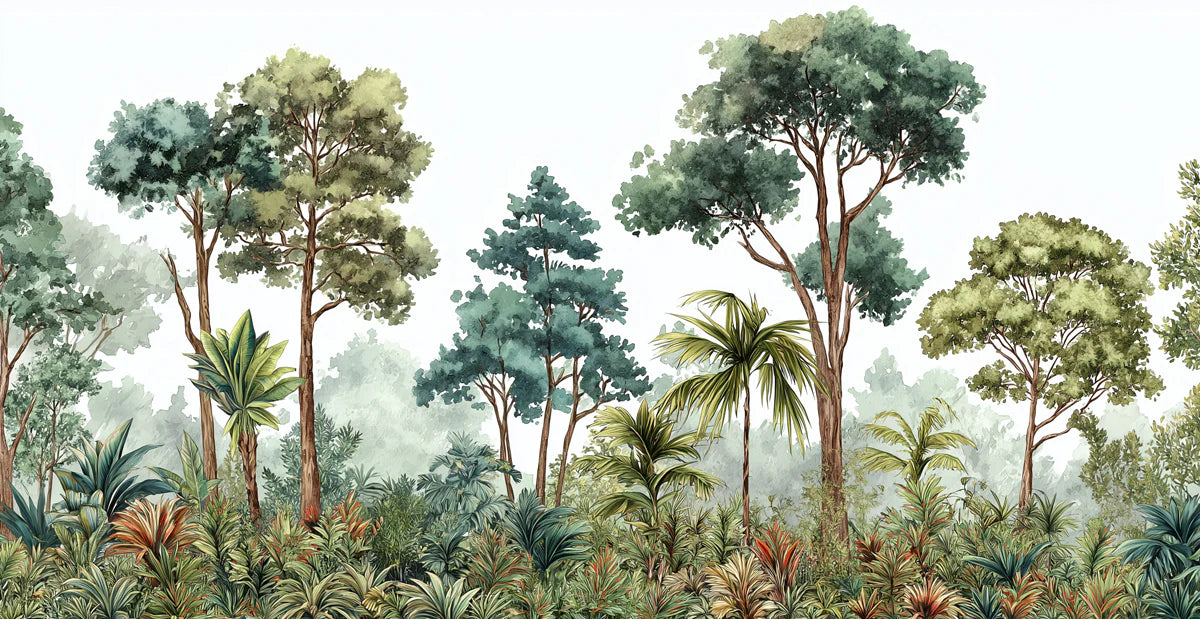 Watercolor Botanical Forest Mural Wallpaper — Hand-Painted Greenery Mural Wallpaper - room preview 04