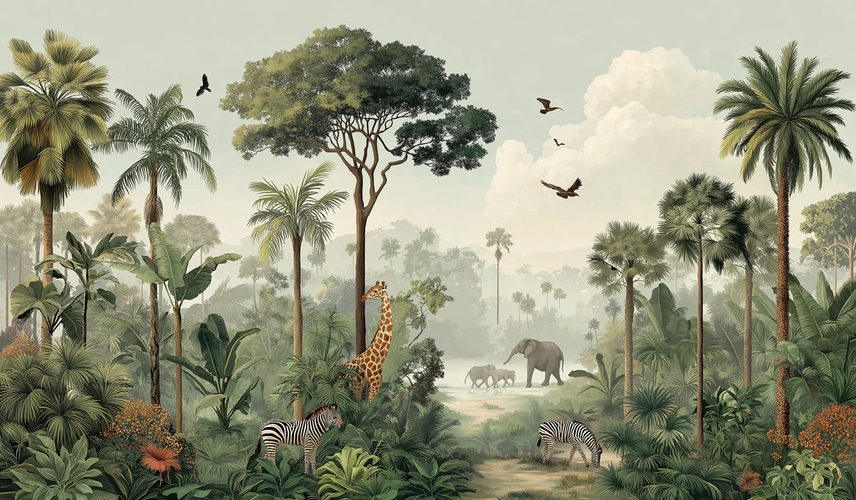 Vintage Tropical Safari Mural Wallpaper — Muted Jungle Landscape Mural Wallpaper - room preview 04