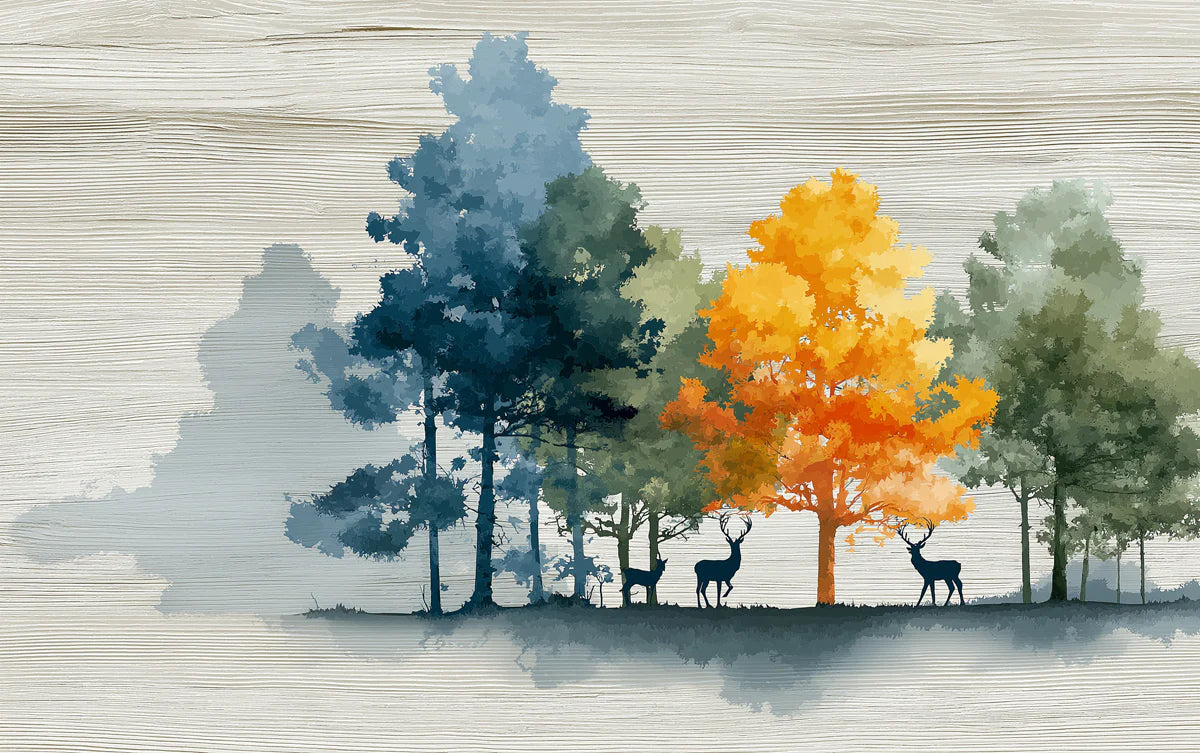 Abstract Deer and Forest Mural Wallpaper — Modern Woodland Scene Mural Wallpaper - room preview 04