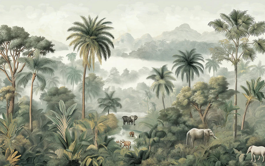 Tropical Wallpaper Mural – Jungle Wall Mural – Mist-Covered Tropical Jungle Wildlife Landscape printable artwork