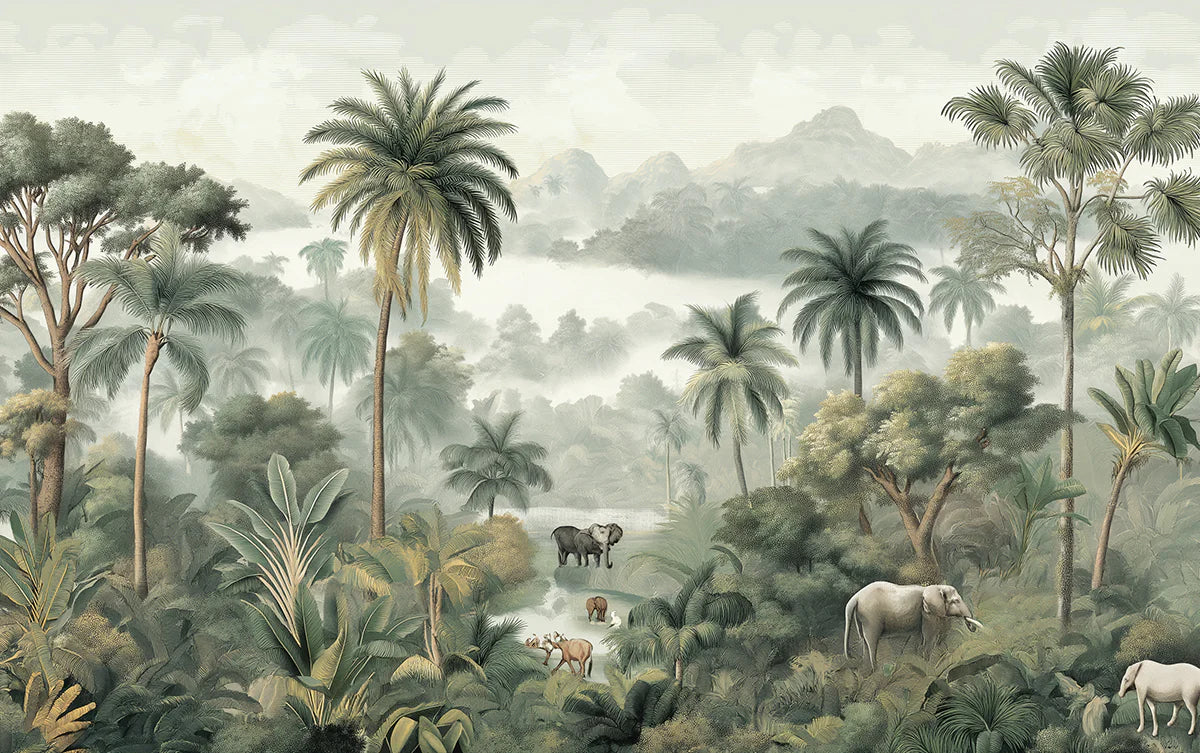 Mist-Covered Tropical Jungle Mural Wallpaper Wildlife Landscape Mural Wallpaper - room preview 04