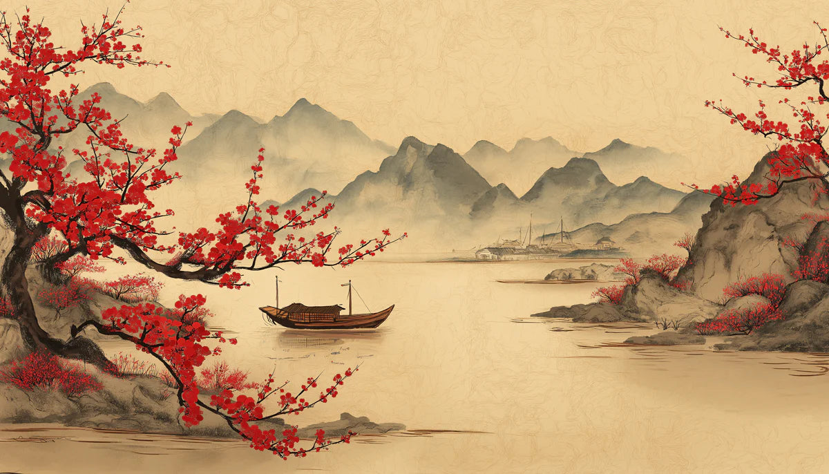 Oriental Plum Blossom Landscape Mural Wallpaper — Traditional Art Mural Wallpaper - room preview 04