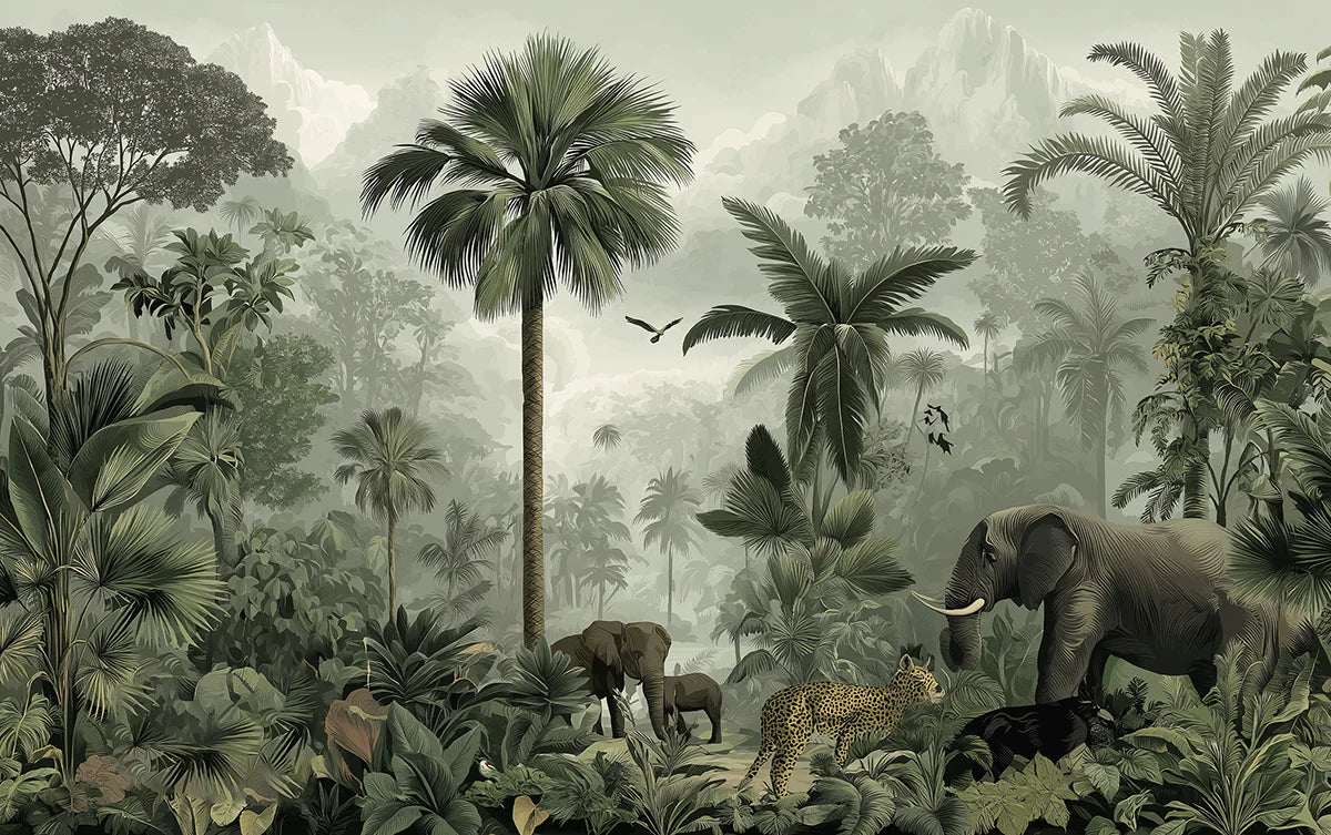 Vintage Jungle Mural Wallpaper — Sophisticated Tropical Wildlife Mural Wallpaper - room preview 04