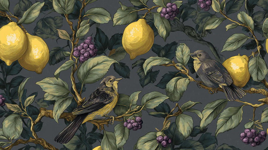 Nature Wallpaper Mural – Natural Wall Mural – Vintage Lemon and Bird — Charcoal Botanical Pattern printable artwork